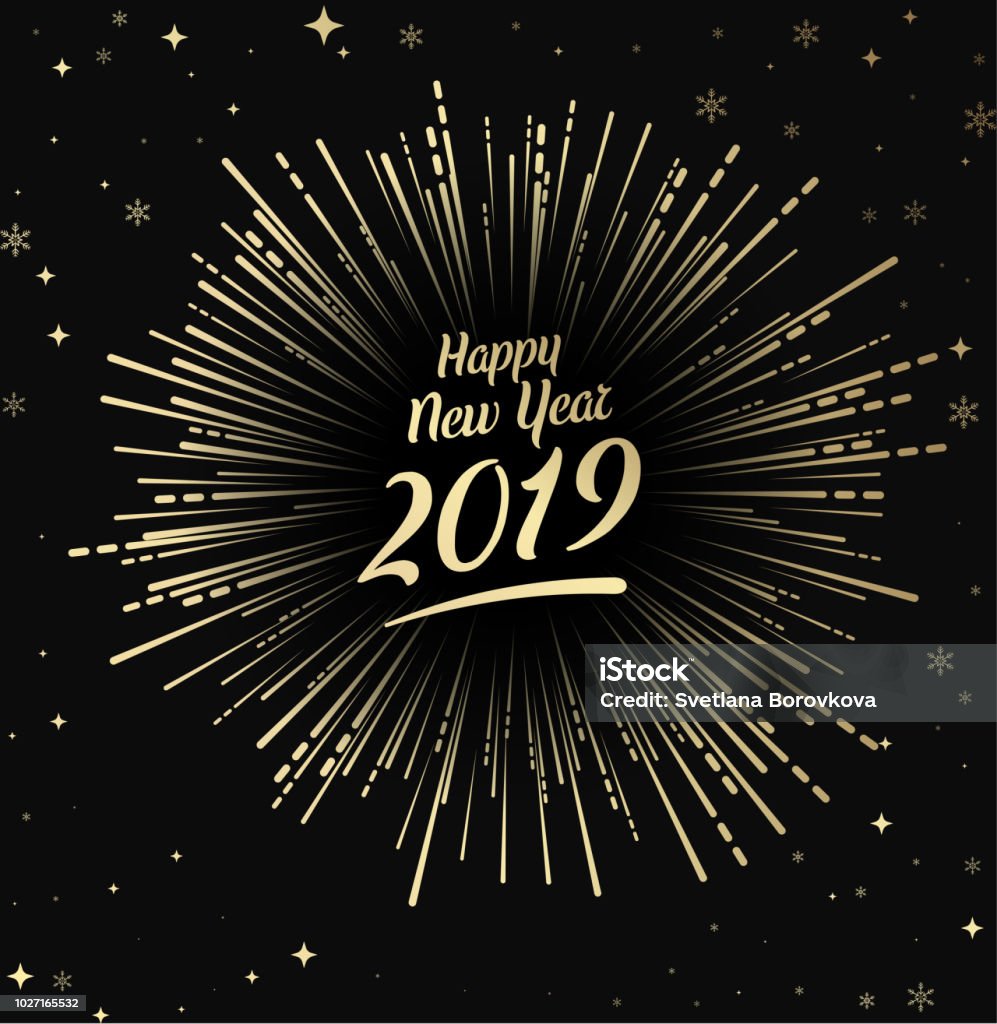 Happy 2019 New Year card with gold firework. Black Happy 2019 New Year card with gold firework. Greeting card or festive poster. Vector background. New Year stock vector