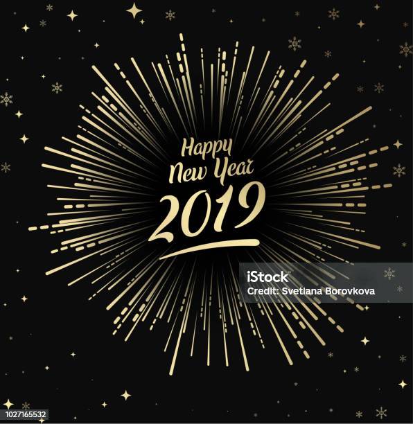 Happy 2019 New Year Card With Gold Firework Stock Illustration - Download Image Now - New Year, Firework Display, Backgrounds