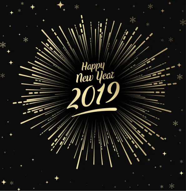 Vector illustration of Happy 2019 New Year card with gold firework.