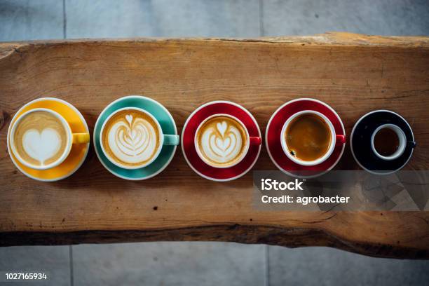 Luftaufnahme Verschiedener Kaffees Stockfoto und mehr Bilder von Kaffee - Getränk - Kaffee - Getränk, Kaffeetasse, Variation
