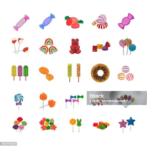 Sweet Candies Flat Icons Stock Illustration - Download Image Now - Gummi Bears, Candy, Cake Pop