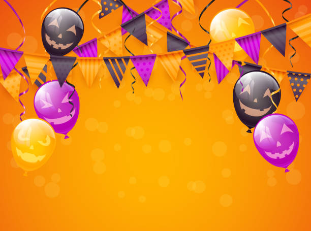 orange halloween-hintergrund mit dekoration und luftballons - pennant flag party streamer stock-grafiken, -clipart, -cartoons und -symbole