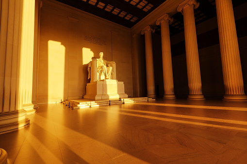 Sunrise scene at the Lincoln Memorial of Washington DC, USA.