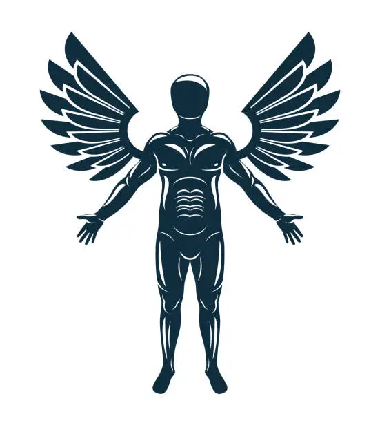 Vector illustration of Vector graphic illustration of human, individuality created with bird wings. Guardian angel metaphor.