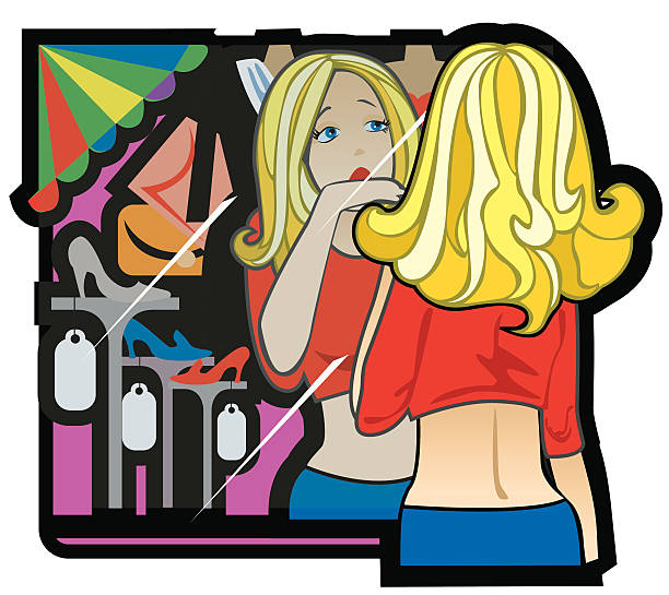 junge mädchen vor einem shop-show-fenster - customer symbol illustration and painting label stock-grafiken, -clipart, -cartoons und -symbole