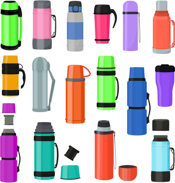 Thermos vector vacuum flask or bottle with hot drink coffee or tea illustration set of metal bottled container or aluminum mug isolated on white background.