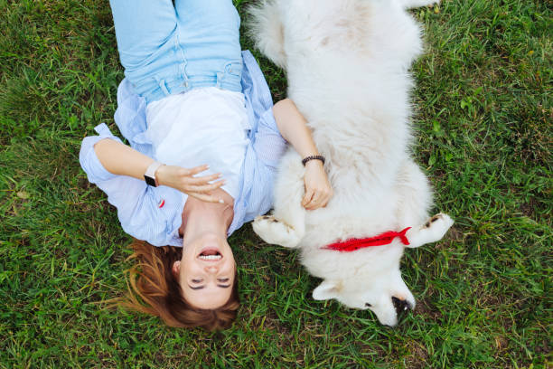 istock Funny woman laughing while playing with her white dog 1027194400