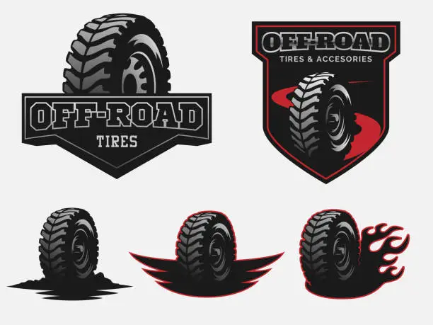 Vector illustration of Set of off-road tires service emblems and badges.