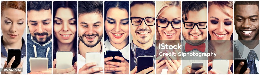 Happy people using mobile smart phone Group of happy people using mobile smart phone Customer Stock Photo