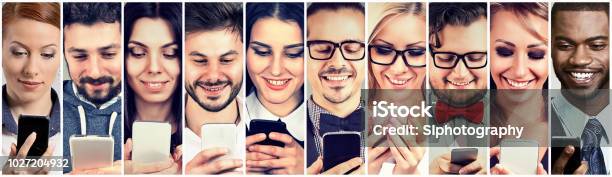 Happy People Using Mobile Smart Phone Stock Photo - Download Image Now - Customer, Happiness, Mobile Phone