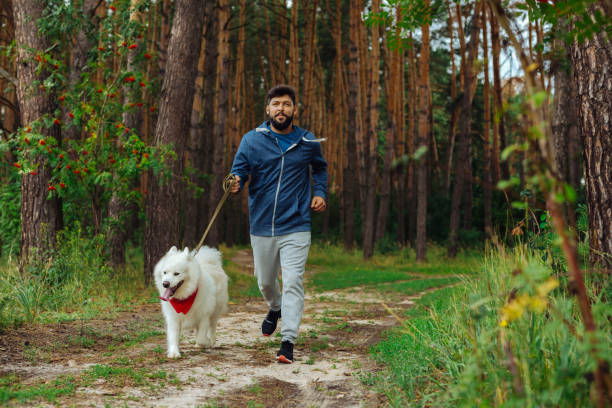 istock Sportsman holding dog lead while running with husky 1027204992