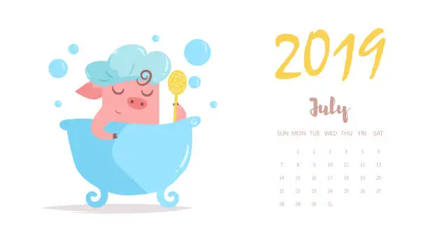 Vector illustration of Piggy washes in bathroom. Vector. Cartoon. Isolated art Flat July calendar 2019