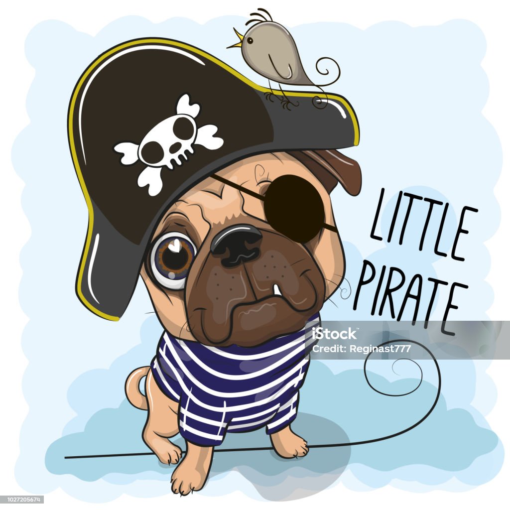 Cute Pug Dog in a pirate hat Cute cartoon Pug Dog in a pirate hat Pug stock vector