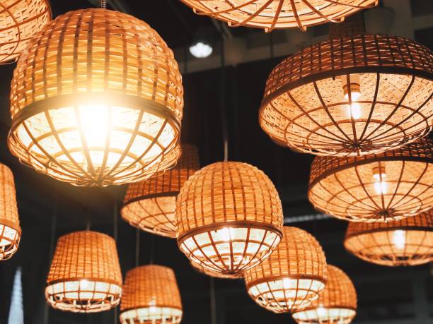 istock Weave decoration design with light bulbs, traditional local weave design, ideas, innovation thinking, natural ideas concept 1027206274