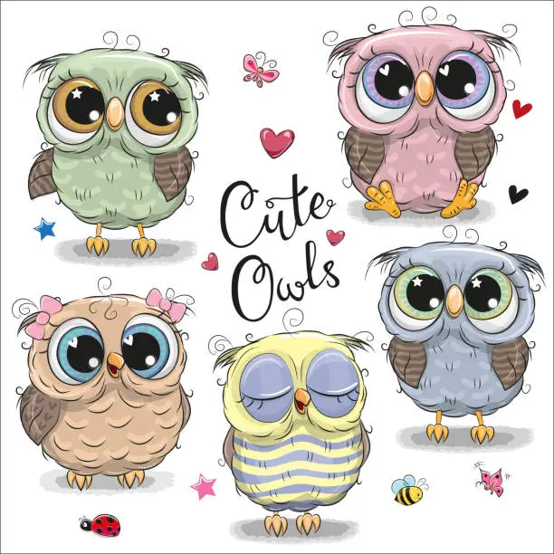 Vector illustration of Set of  cartoon owls on a white background