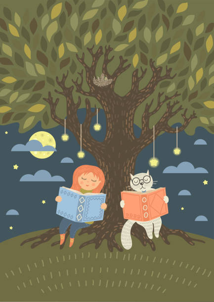 ilustraciones, imágenes clip art, dibujos animados e iconos de stock de chica en el parque leyendo libro en otoño - fairy child outdoors fairy tale
