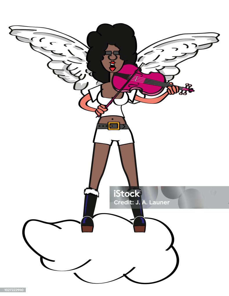 Angel plays violin Cool dark-skinned angel in hot pants plays a pink violin on a cloud Adult stock vector