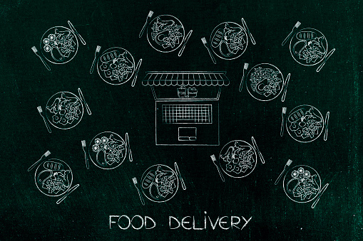 food delivery apps or websites: laptop surrounded by variety of different recipe plates