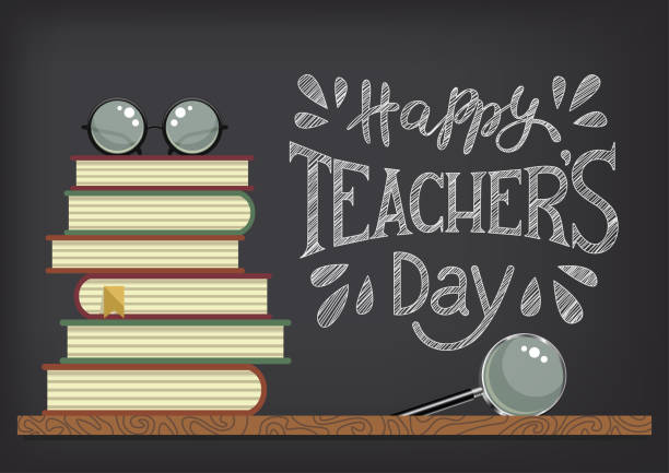 Happy Teacher's Day. Happy Teacher's Day. Stack of books with glasses and magnifier on blackboard background. Chalk-drawn congratulations. Vector illustration. happy teacher day stock illustrations
