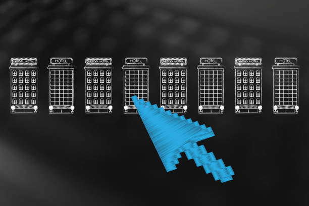 hotel booking concept: line of different accommodations with cursor about to click and select one