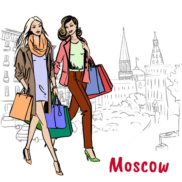 Vector illustration of women with shopping bags in Moscow