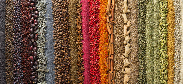 istock spices and herbs panoramic background. various seasonings are scattered on table.  flavoring for design of website header or food packaging. 1027235408