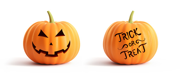 Jack O Lanterns with different facial expressions isolated on white background. Halloween and trick or treat concept. Horizontal composition with copy space. Clipping path is included.