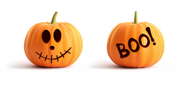 Jack O Lanterns with different facial expressions isolated on white background. Halloween concept.  Horizontal composition with copy space. Clipping path is included.