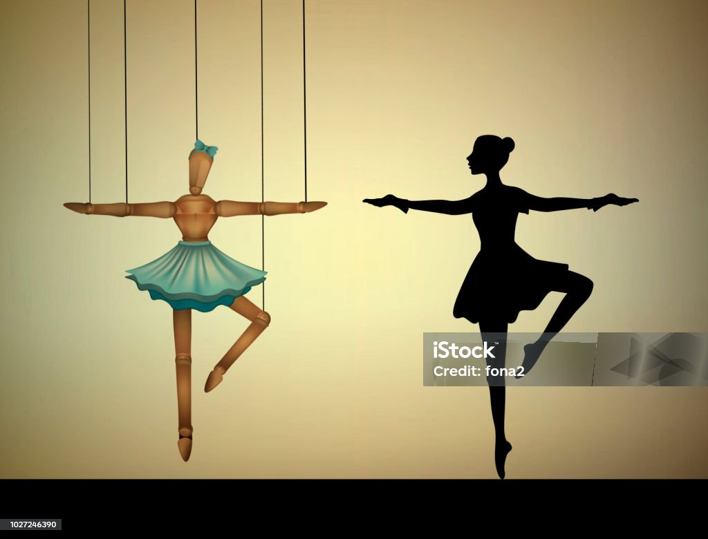 dancer concept, ballerina marionette to compare with real person, dancer concept, ballerina marionette to compare with real person, vector Focus on Shadow stock vector
