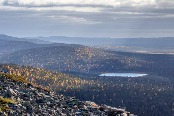 Autumn landscape in Lapland, view from mountain, Finland