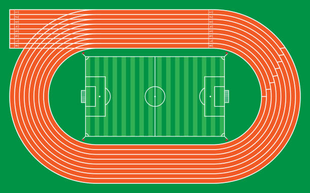 ilustrações de stock, clip art, desenhos animados e ícones de eight running tracks with football stadium for pattern and design,vector illustration - track and field stadium