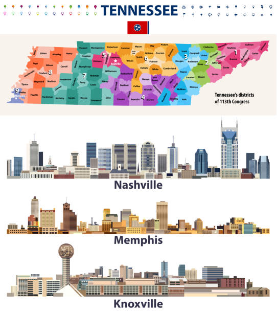 ilustrações de stock, clip art, desenhos animados e ícones de vector congressional districts map and major cities abstract skylines of tennessee state - tennessee house nashville residential structure