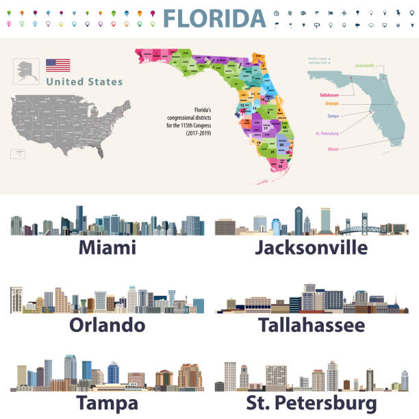 Florida's congressional disctricts vector map with cityscapes of capital and major cities of Florida Florida's congressional disctricts vector map with cityscapes of capital and major cities of Florida tallahassee stock illustrations
