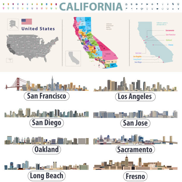 California's vector high detailed map showing counties formations. Skylines of major cities of California California's vector high detailed map showing counties formations. Skylines of major cities of California city of monterey california stock illustrations