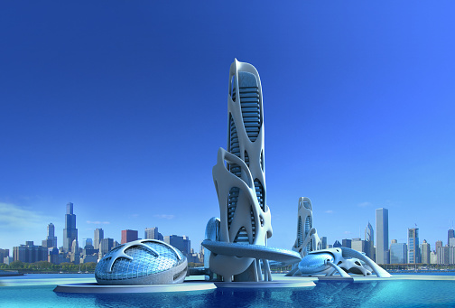 3D futuristic city architecture with an organic skyscraper against the Chicago skyline from across lake Michigan, for fantasy and science fiction illustrations.