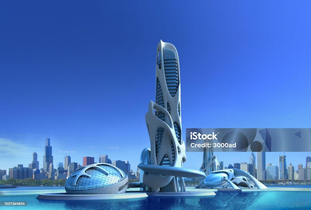 Futuristic city architecture for fantasy and science fiction 3D futuristic city architecture with an organic skyscraper against the Chicago skyline from across lake Michigan, for fantasy and science fiction illustrations. Futuristic Stock Photo