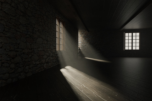3d rendering of medieval empty room with light rays at window