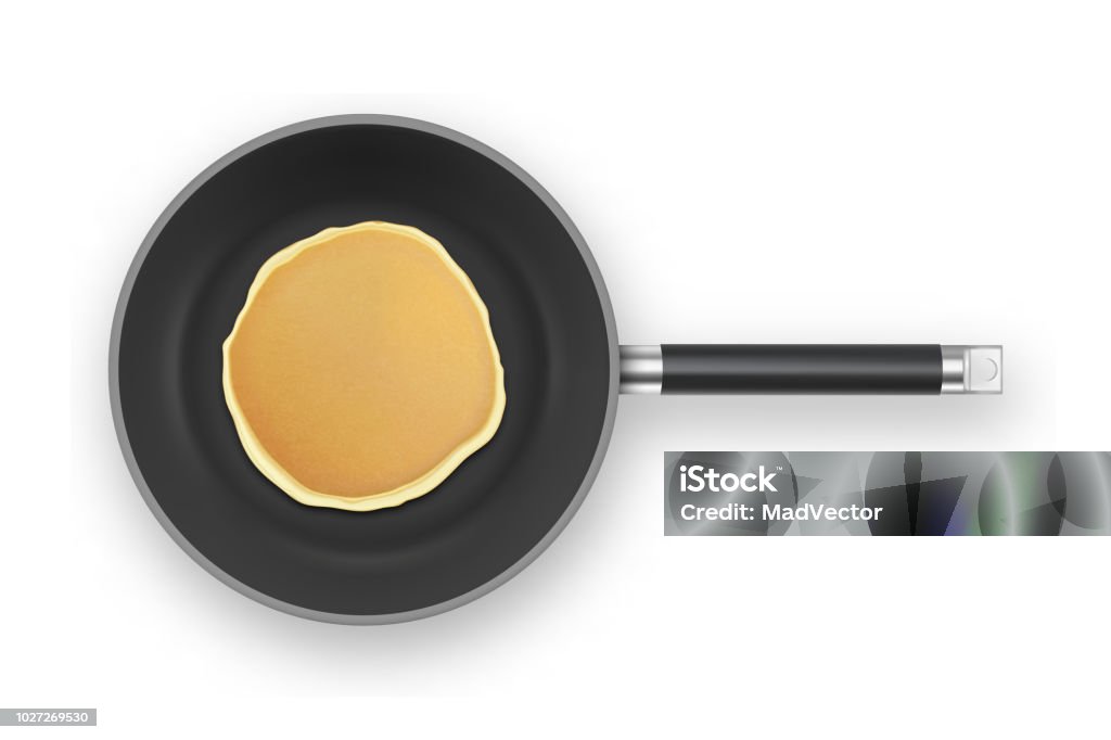 Realistic pancake in the frying pan closeup isolated on white background, top view. Design template for breakfast, food menu and homestyle concept Realistic pancake in the frying pan closeup isolated on white background, top view. Design template for breakfast, food menu and homestyle concept. Crêpe - Pancake stock vector