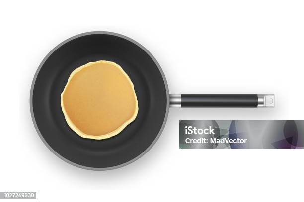 Realistic Pancake In The Frying Pan Closeup Isolated On White Background Top View Design Template For Breakfast Food Menu And Homestyle Concept Stock Illustration - Download Image Now