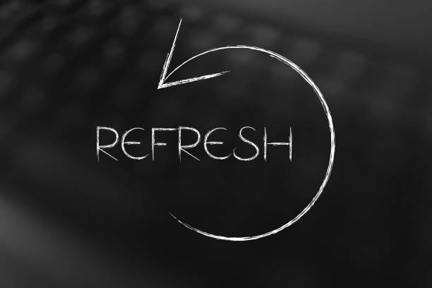 refresh symbol with text and arrow stock photo