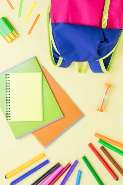 istock School concept flat lay. Kid backpack, notebook, markers on wooden desktop 1027278968