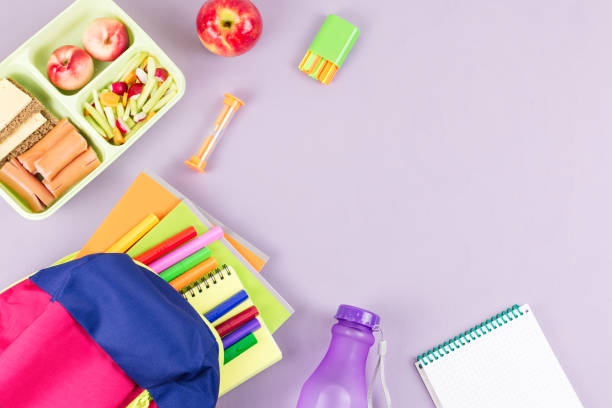 istock School concept flat lay. Kid backpack, lunchbox, water bottle, notebook, markers on wooden desktop 1027279640