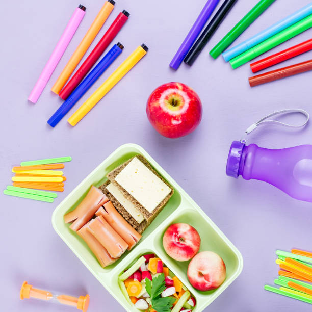 istock School concept flat lay. Kid backpack, lunchbox, water bottle, notebook, markers on wooden desktop 1027279764