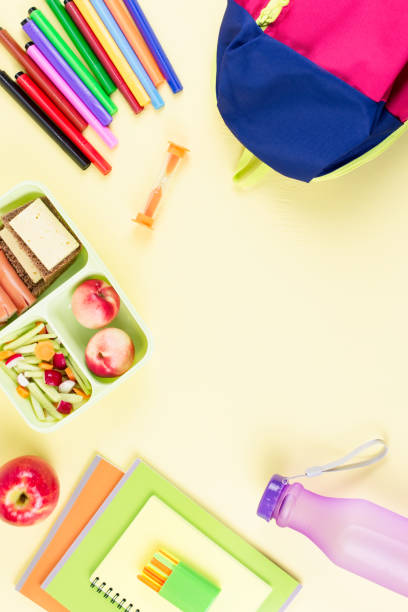istock School concept flat lay. Kid backpack, lunchbox, water bottle, notebook, markers on wooden desktop 1027279770