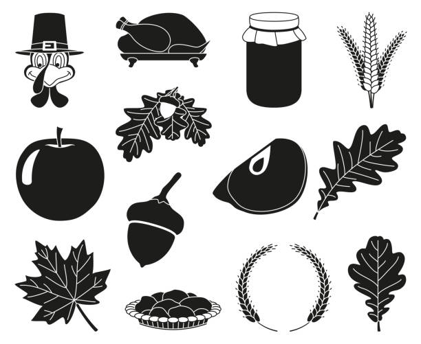 13 black white thanksgiving silhouette elements 13 black and white thanksgiving silhouette elements Festive comfort food Harvest festival themed vector illustration for icon, stamp, label, sticker, badge, gift card, certificate or flayer decoration thanksgiving holiday silhouettes stock illustrations