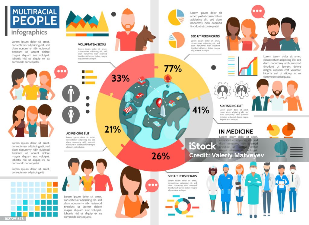 Flat Multiracial People Infographic Template Flat multiracial people infographic template with diagram men and women of different ethnicities in various spheres of life vector illustration Infographic stock vector