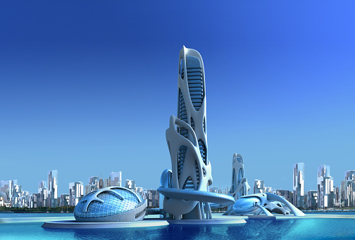 3D futuristic city with an organic high rise architecture against a marina skyline, for fantasy and science fiction illustrations.