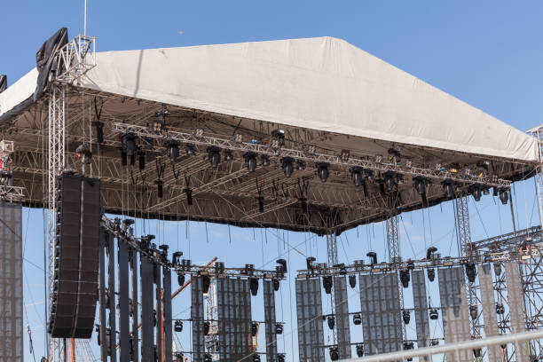 istock Outdoor concert stage with lighting equipment before performance. Stage construction. Installation scene for concert 1027303554