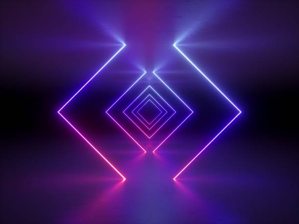 3d render, abstrakte mode hintergrund, leuchtende linien, violette neonlichter, uv neon quadrat portal, tunnel, korridor, virtuelle realität, bogen, rosa blau leuchtenden farben, lasershow - light violet stock-fotos und bilder
