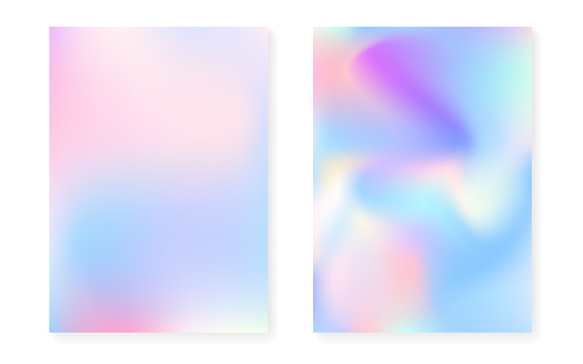 Pearlescent background with holographic gradient. Hologram cover set. 90s, 80s retro style. graphic template for book, annual, mobile interface, web app. Vibrant pearlescent background set.